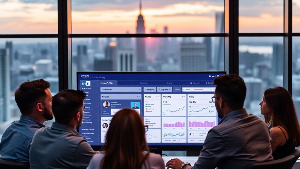 A scene of a marketing team in a modern office using Vertex AI and LinkedIn to analyze market trends and customer profiles