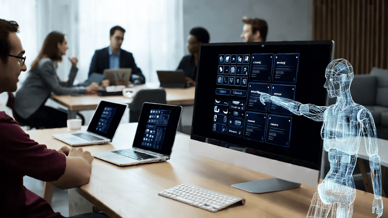 An illustrative scene showcasing the intelligent interaction features of the CogAgent-9B open source project, including multilingual support and accessible programming